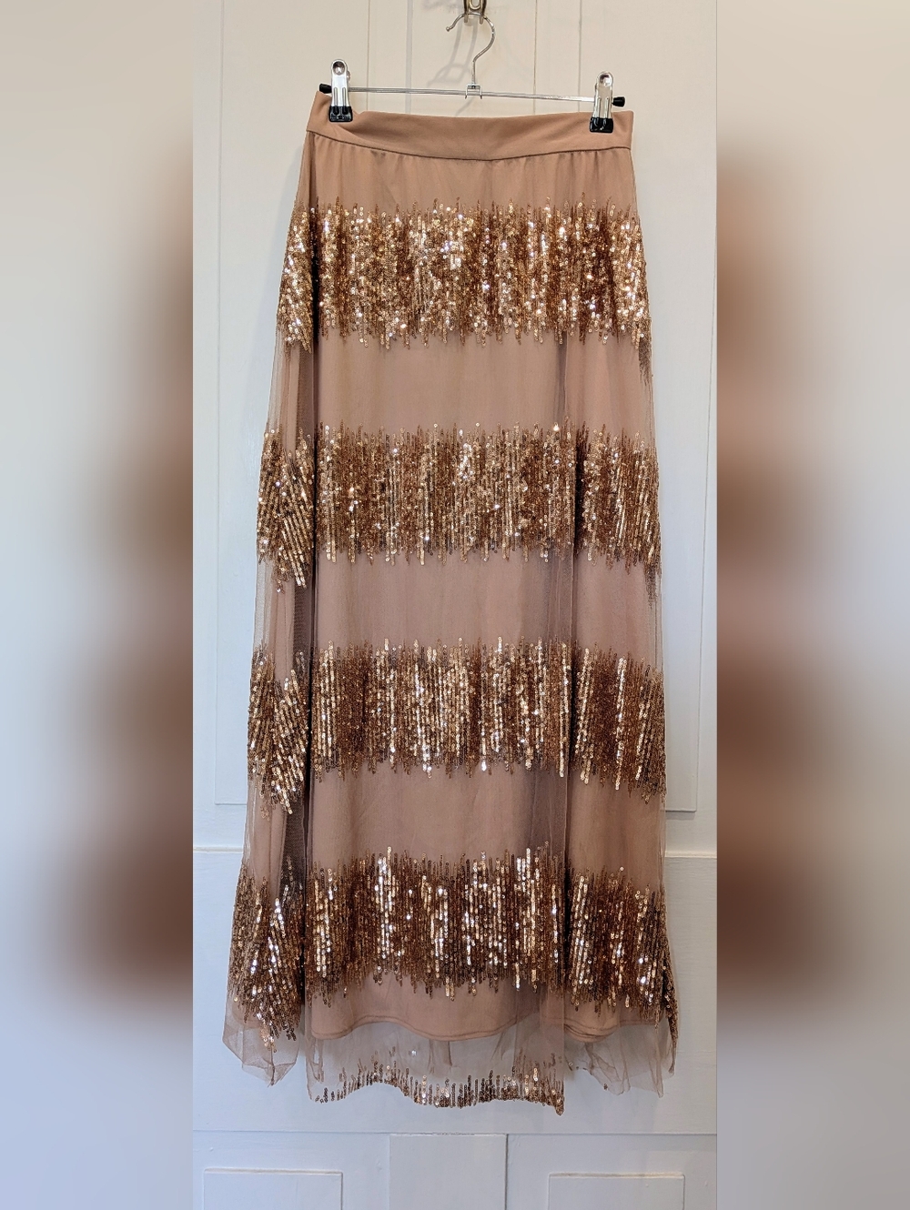 Eva Franco Sequin Stripe Midi Skirt Blush Pink | Size 0 - Picture 2 of 6